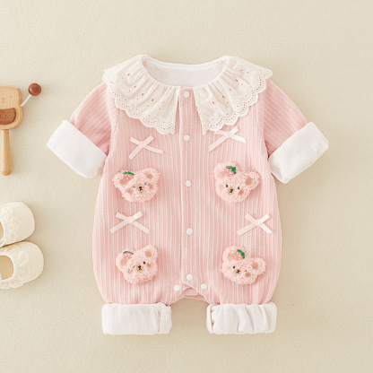 Baby Bear Pink Princess Bow Tie Long Sleeve Romper