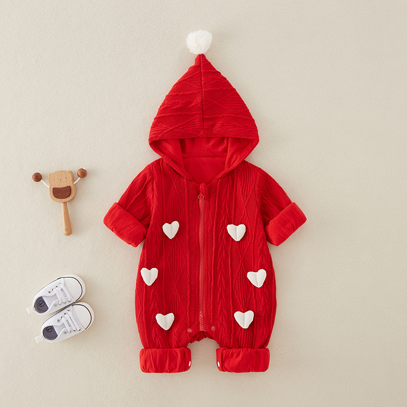 Baby Girl Red Heart Pattern Zip With Hat Romper