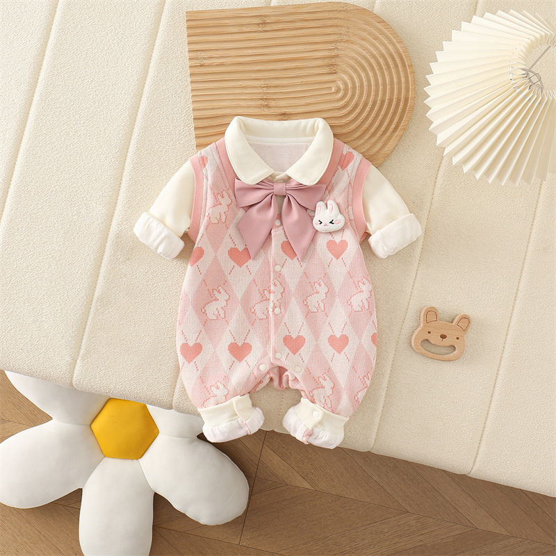 Baby Girl Bunny Heart Pattern with Bow Tie Romper