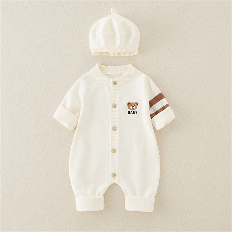 2pcs Baby Cute Cute Bear Knitted With Hat Long Sleeve Romper