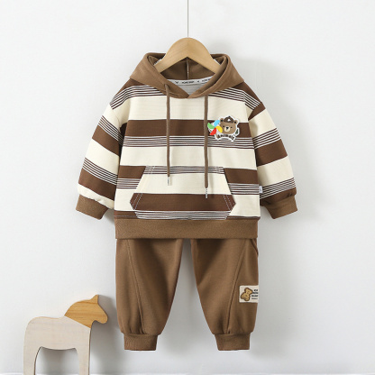 2pcs Baby Boy Cartoon Bear Striped Casual Sweatshirt Set