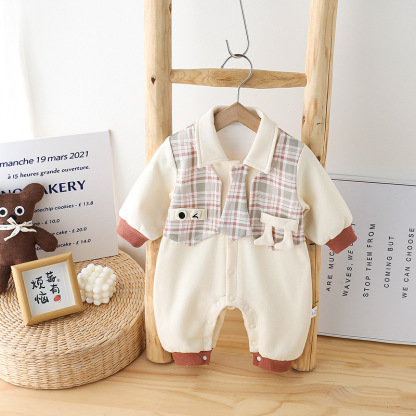 Baby Boy Cute Little Eyes Plaid Tie Long Sleeve Romper