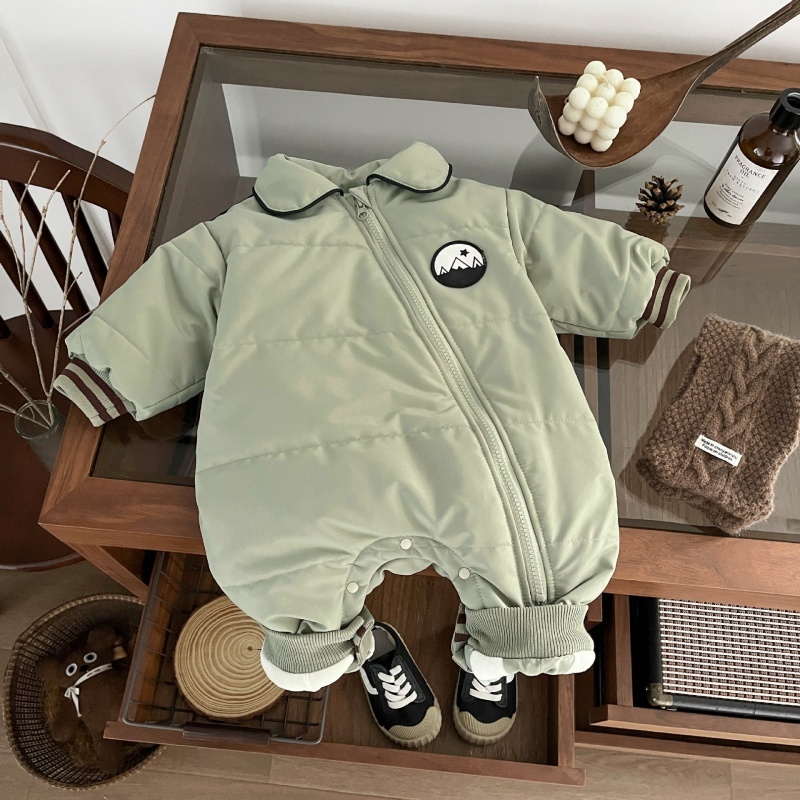 Baby Boy Slant Zip Badge Lapel Thickened Romper