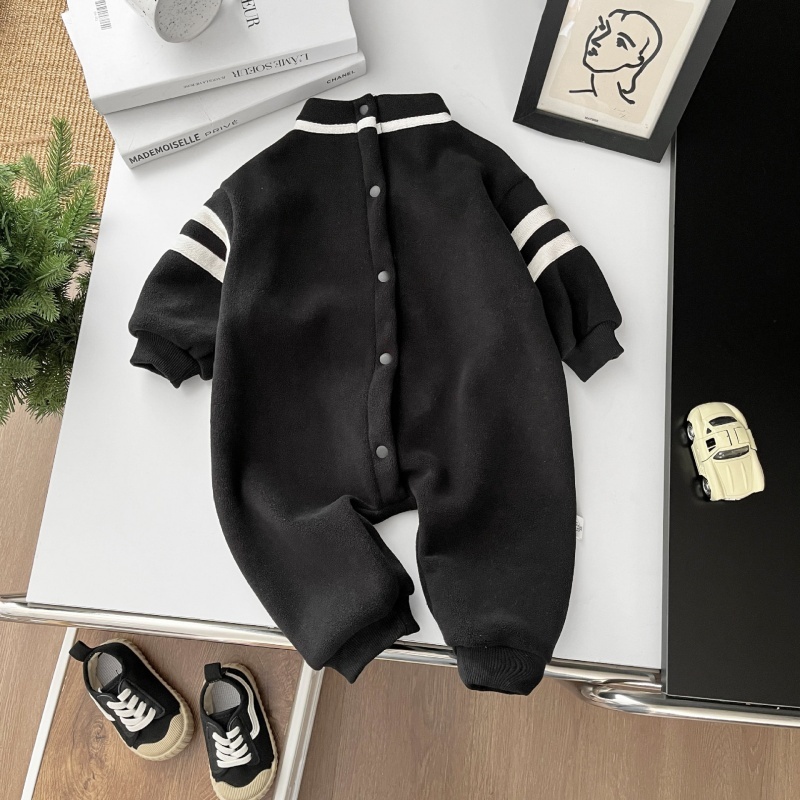 Baby Boy Pulled Stripe Plush Half High Neckline Romper
