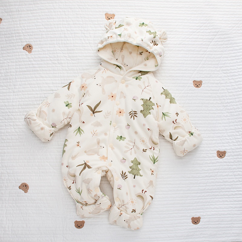 Baby Cute Ink Garden Print Thickened Hooded Cotton Coat Romper
