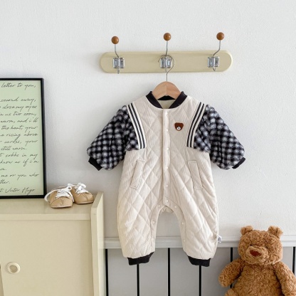 Baby Cartoon Cute Bear Plaid Sleeve Romper