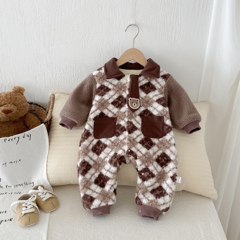 Baby Cartoon Bear Plaid Tie Romper