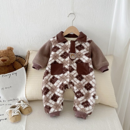 Baby Cartoon Bear Plaid Tie Romper