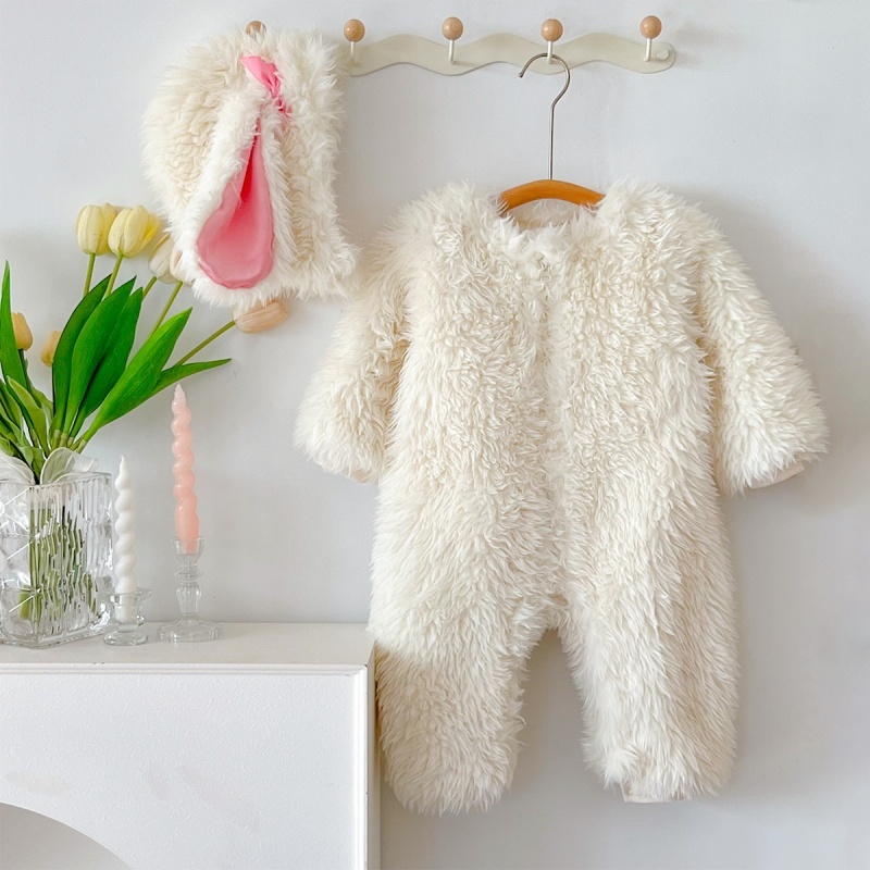 Baby Girl Cute Fluffy Rabbit Padded Fleece Double Layer Long Sleeve Ro