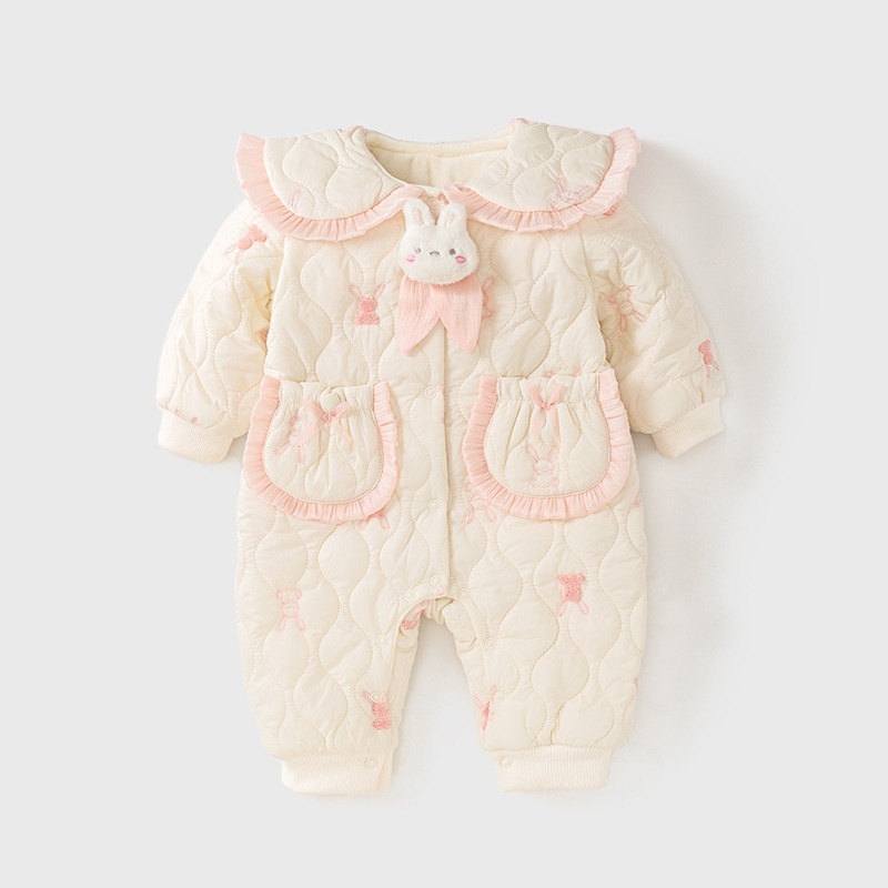 Baby Girl Cute Fluffy Rabbit Padded Fleece Double Layer Long Sleeve Ro