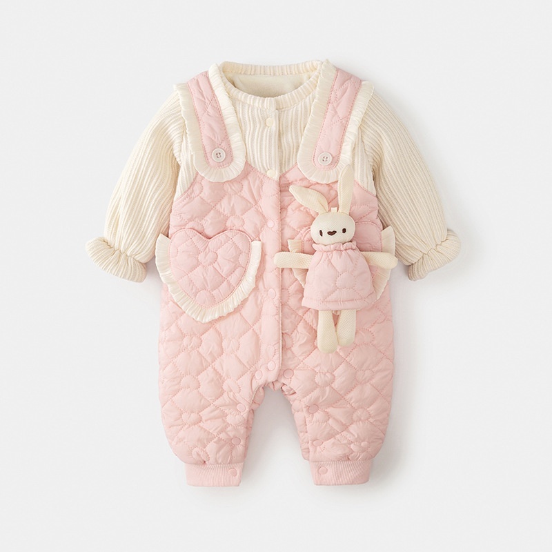 Baby Girl Cute Fluffy Rabbit Padded Fleece Double Layer Long Sleeve Ro