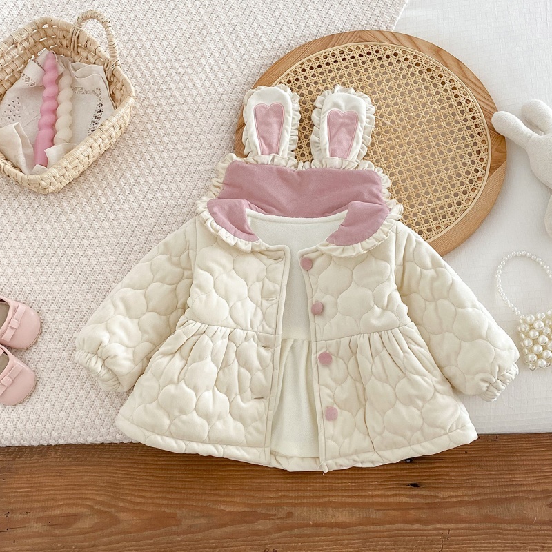 Baby Girl Cute Fluffy Rabbit Padded Fleece Double Layer Long Sleeve Ro