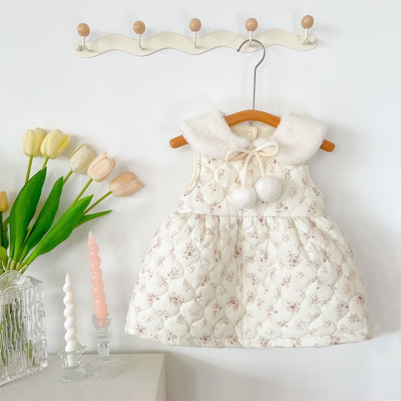 Baby Girl Floral Cotton Tank Dress and Thickened Padded Peplum Bottom