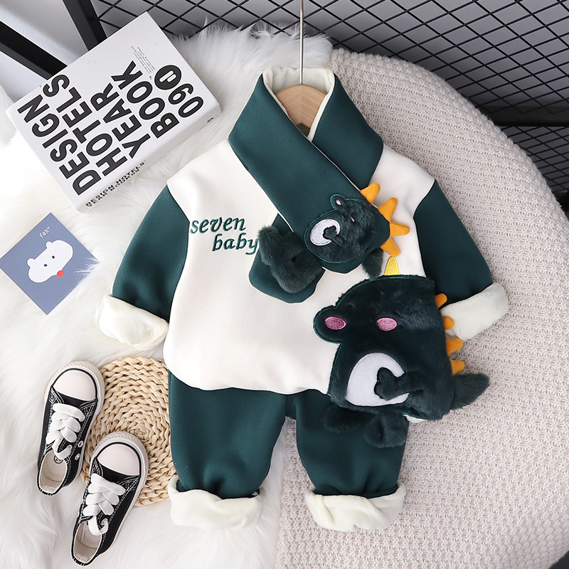 2pcs Baby Boy/Girl Thickened Padded Scarf Dinosaur Set