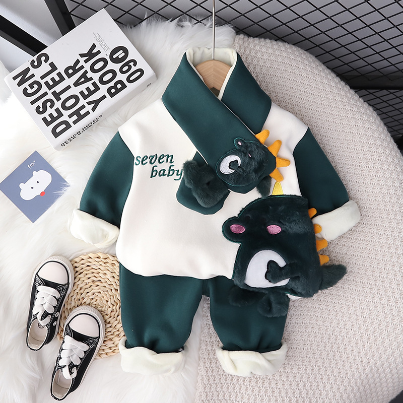 2pcs Baby Boy/Girl Thickened Padded Scarf Dinosaur Set