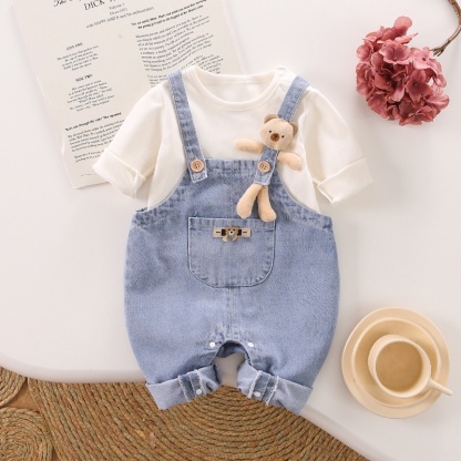 2pcs Baby Boy/Girl Cute Bear Bunny Denim Long Sleeve Romper Set