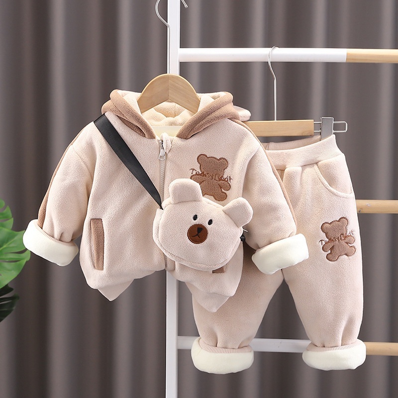 2pcs Baby Boy/Girl Bear Thickened Hooded with Bear Bag Set