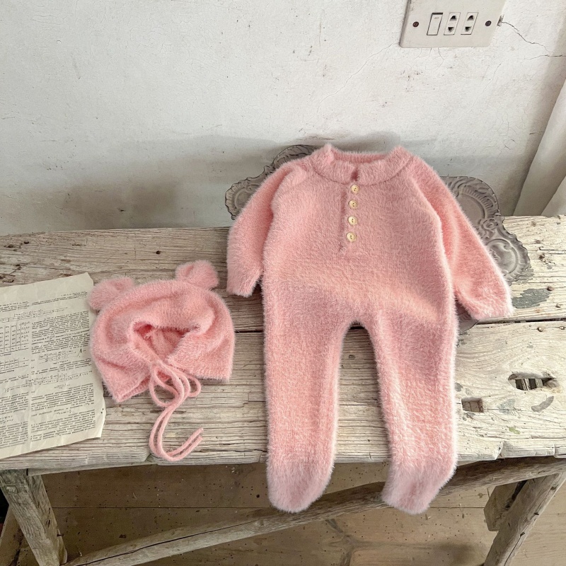 Baby Girl Mink Velvet Cute Bear Foot Wrap with Hat Romper
