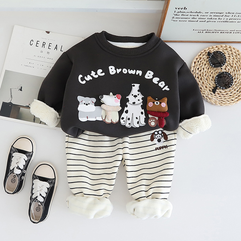 2pcs Baby Boy Cartoon Cute Puppy Padded Sweatshirt Set