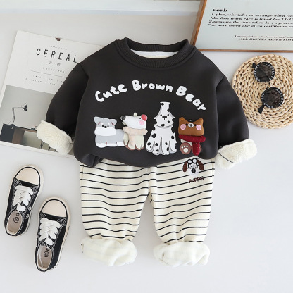 2pcs Baby Boy Cartoon Cute Puppy Padded Sweatshirt Set