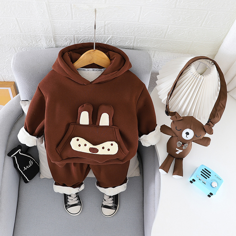 2pcs Baby Boy Padded Hooded Sweatshirt with Knot Bear Dolls Set