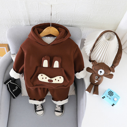 2pcs Baby Boy Padded Hooded Sweatshirt with Knot Bear Dolls Set