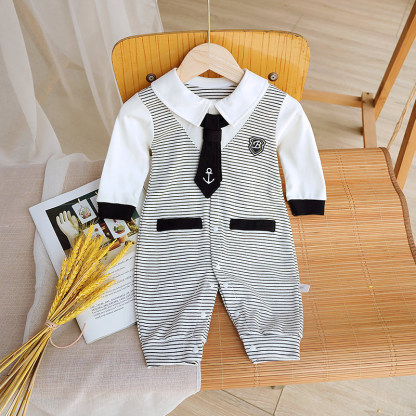 Baby Boy Tie Stripe Badge False Two Piece Romper