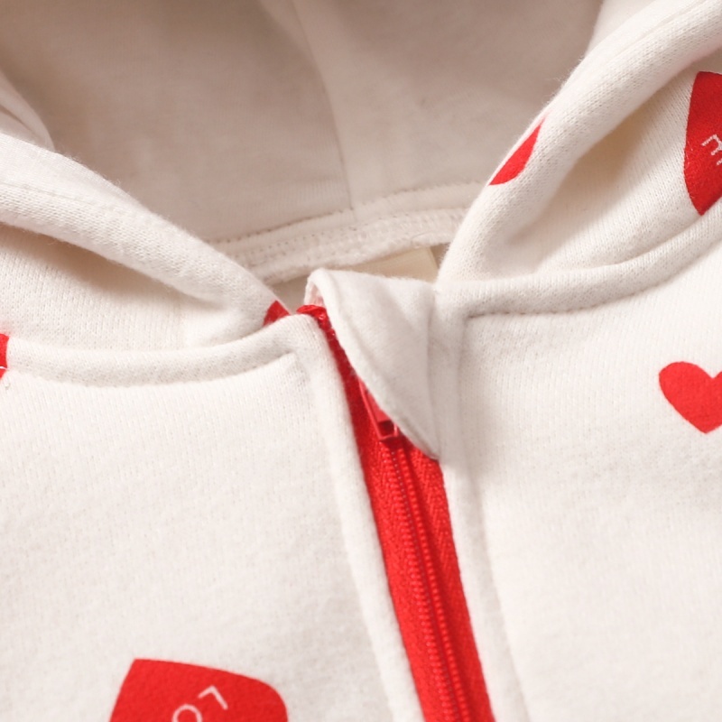 Baby Girl Bow Tie Hooded Long Sleeve Love Print Zip Up Romper