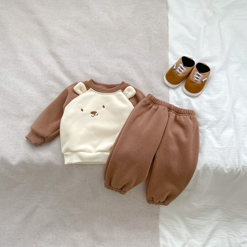 2Pcs Baby Girl/Boy Cartoon Bear Clash Colour Padded Thickened Sweatshirt Set