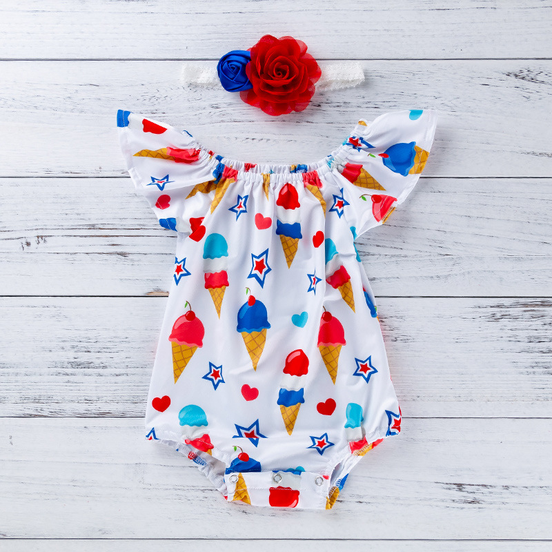Baby Girl American Independence Day Ice cream Flysleeve Bodysuit