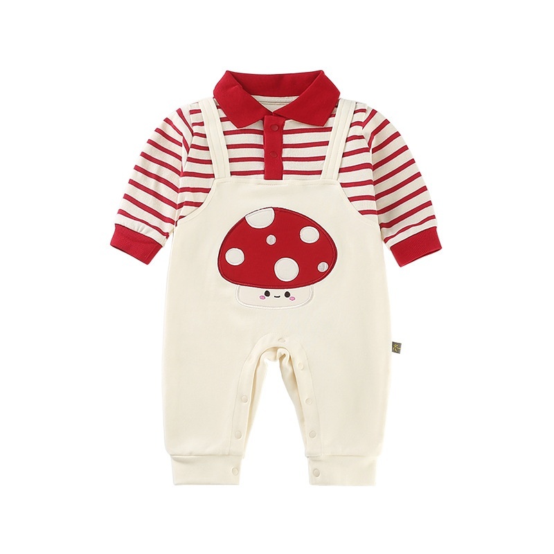 Baby Girl Mushroom False Two Piece Lapel Romper
