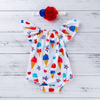 Baby Girl American Independence Day Ice cream Flysleeve Bodysuit