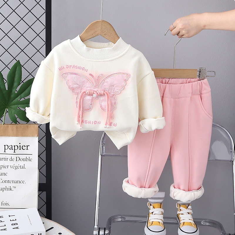 2pcs Baby Girl Butterfly Round Neck Sweatshirt Set