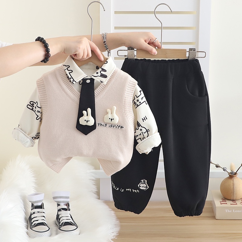 3pcs Baby Girl/Boy Cute Cartoon Thickened Sweater Vest Set