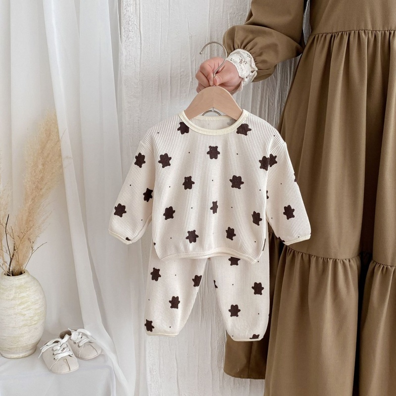 2pcs Baby Girl/Boy Cartoon Bear Waffle Long Sleeve Set