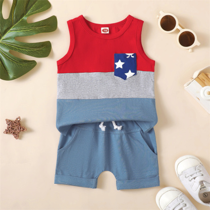 2pcs Baby Boy/Girl American Independence Day Color combination Sleeveless T-shirt with Pant Set