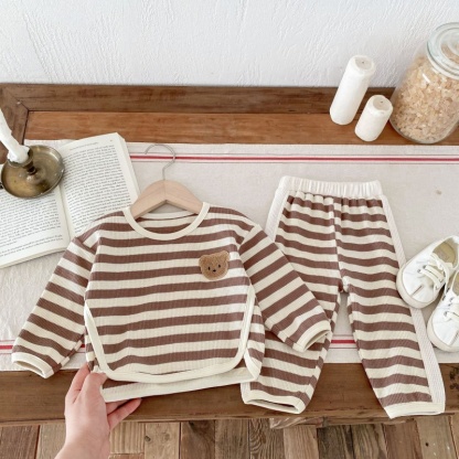 2pcs Baby Girl/Boy Waffle Bear Stripe Long Sleeve Set
