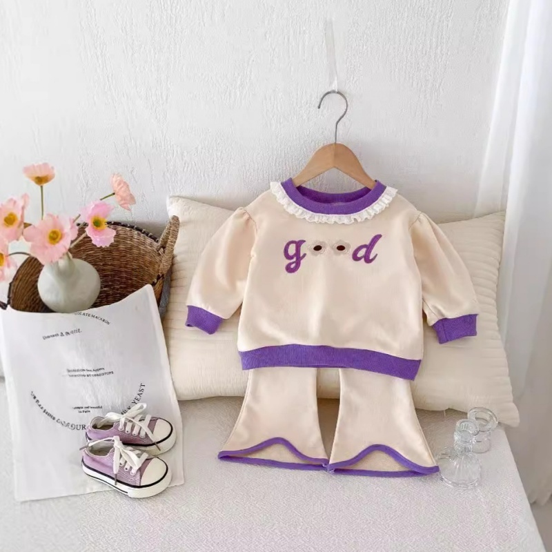 2pcs Baby Girl Lace Crew Neck Top Flared Pants Long Sleeve Set