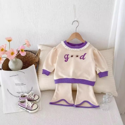 2pcs Baby Girl Lace Crew Neck Top Flared Pants Long Sleeve Set