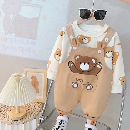 2pcs Baby Girl/Boy Full Print Bear Bib Pants Long Sleeve Set