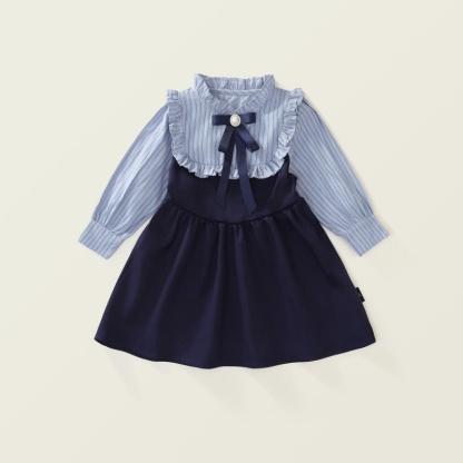 Baby Girl College Style False Two Piece Striped Clashing Long Sleeve Dress