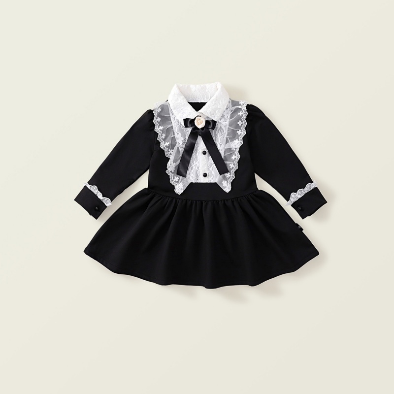 Baby Girl Black Hepburn Style Lace Bow Long Sleeve Dress