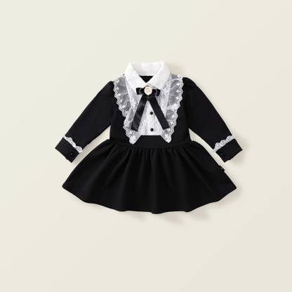 Baby Girl Black Hepburn Style Lace Bow Long Sleeve Dress