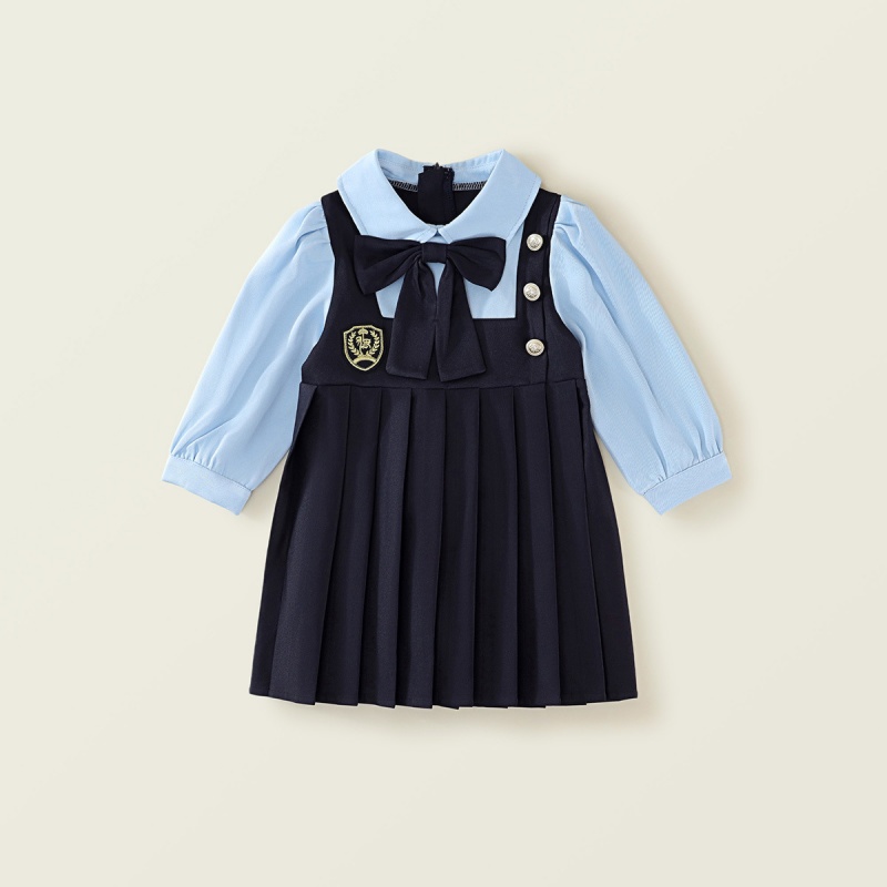 Baby Girl College Style Fake Two Piece Bow Long Sleeve Pleated Dress