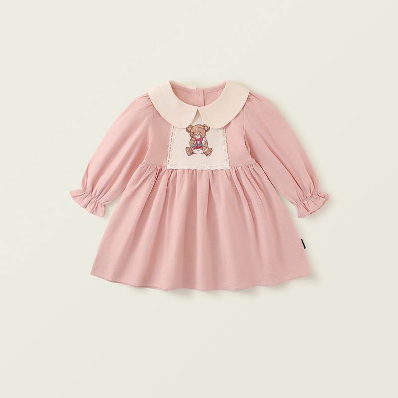Baby Girl Babydoll Collar Bear Embroidery Long Sleeve Dresses