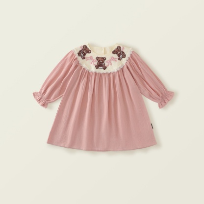 Baby Girl Pink Bubble Sleeve Bear Embroidered Long Sleeve Dresses