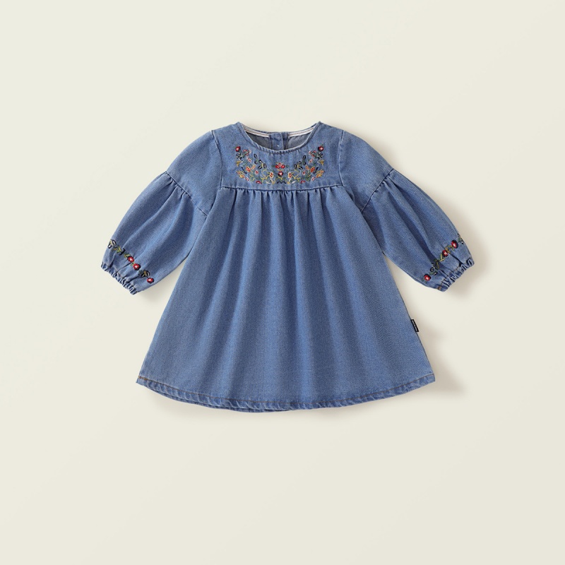 Baby Girl Ethnic Embroidered Denim Skirt Long Sleeve Dresses