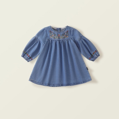 Baby Girl Ethnic Embroidered Denim Skirt Long Sleeve Dresses