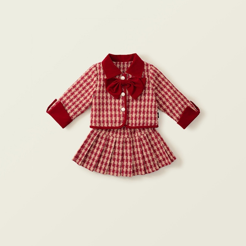 Baby Girl Sandwich Cotton Thickened Plaid Bow Set
