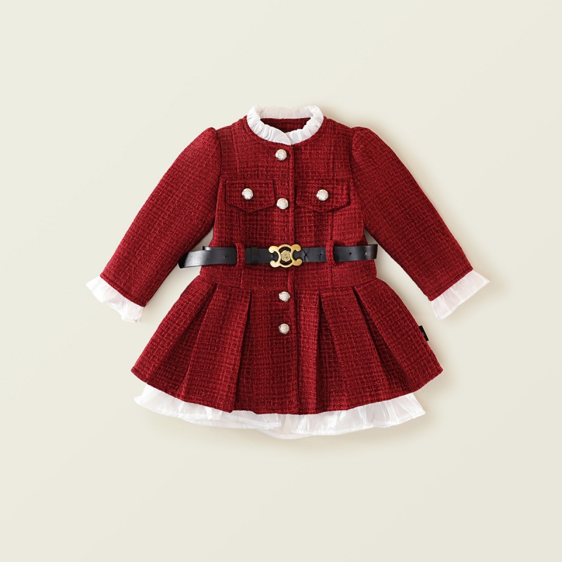 Baby Girl Tweed waisted padded and thickened pleated Long Sleeve Dress